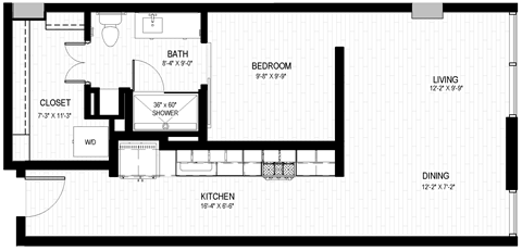 Floor plan for studio, 1 bath, 674 sqft